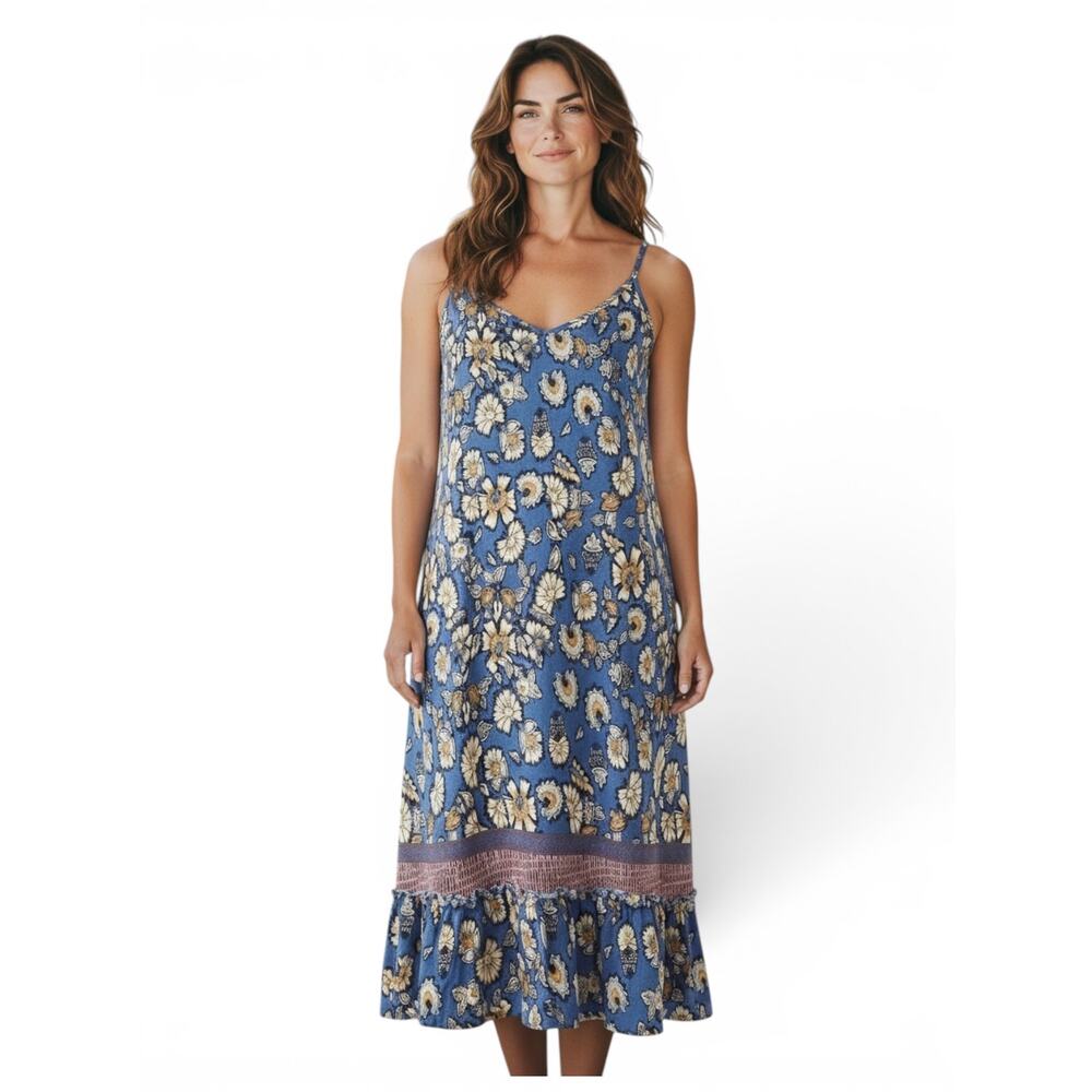 Chelsea & Violet Floral Boho Ruffle Hem Slip Dress Blue Yellow Summer Size Large - Picture 1 of 14